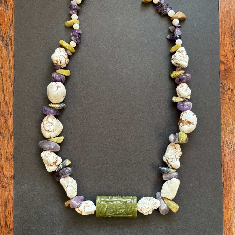 Handmade Carved Jade Gemstone Necklace Howlite Amethyst Moonstone | 26 IN